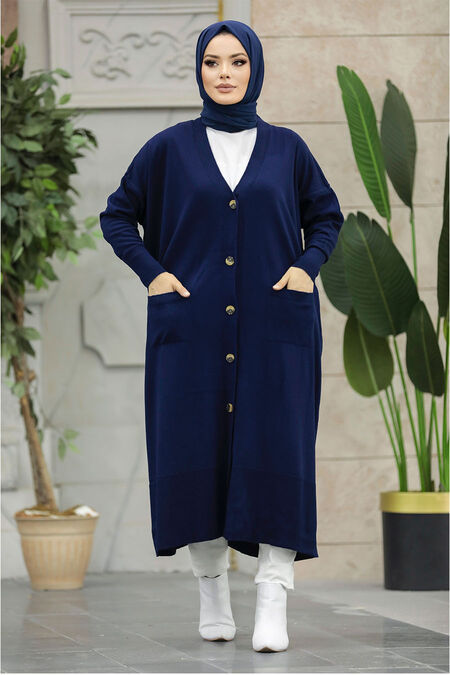  Navy Blue Hijab Knitwear Cardigan 33650L - NEVA STYLE