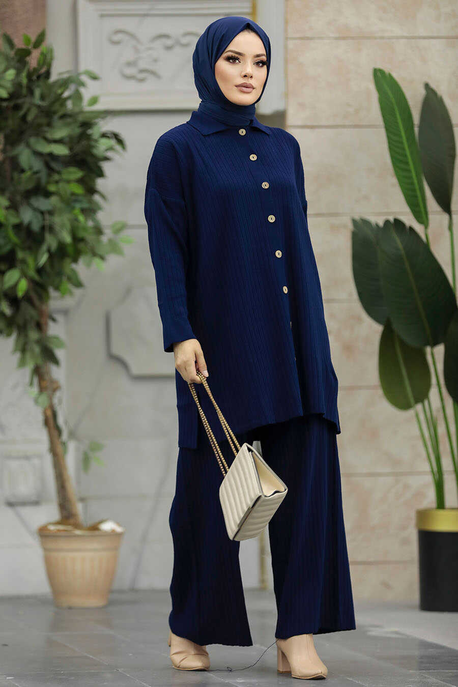Neva Style - Navy Blue Hijab Knitwear Dual Dress 33860L
