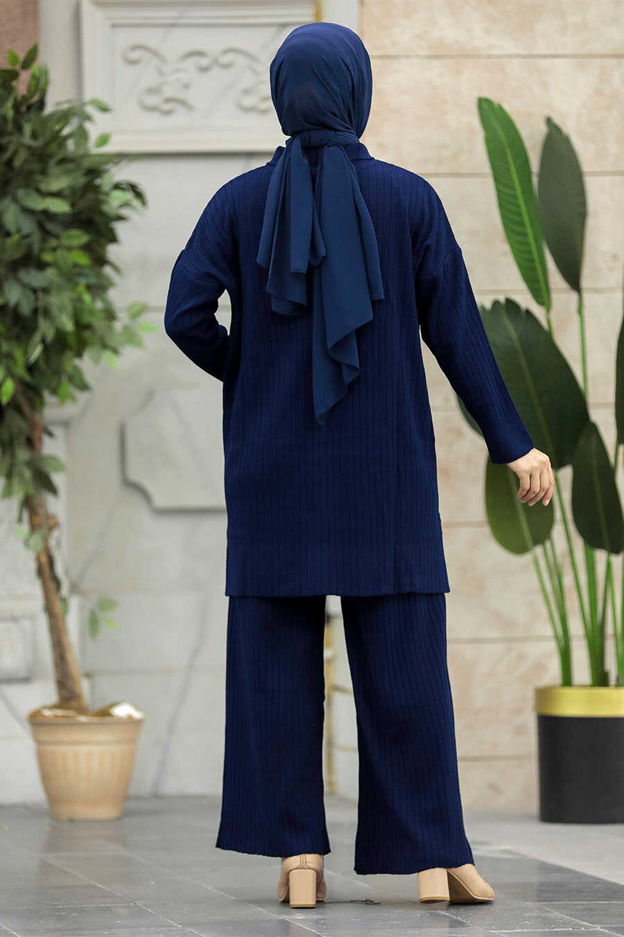 Neva Style - Navy Blue Hijab Knitwear Dual Dress 33860L