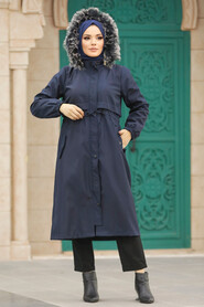 Neva Style - Navy Blue Hijab Parka Coat 60651L - Thumbnail