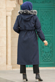 Neva Style - Navy Blue Hijab Parka Coat 60651L - Thumbnail