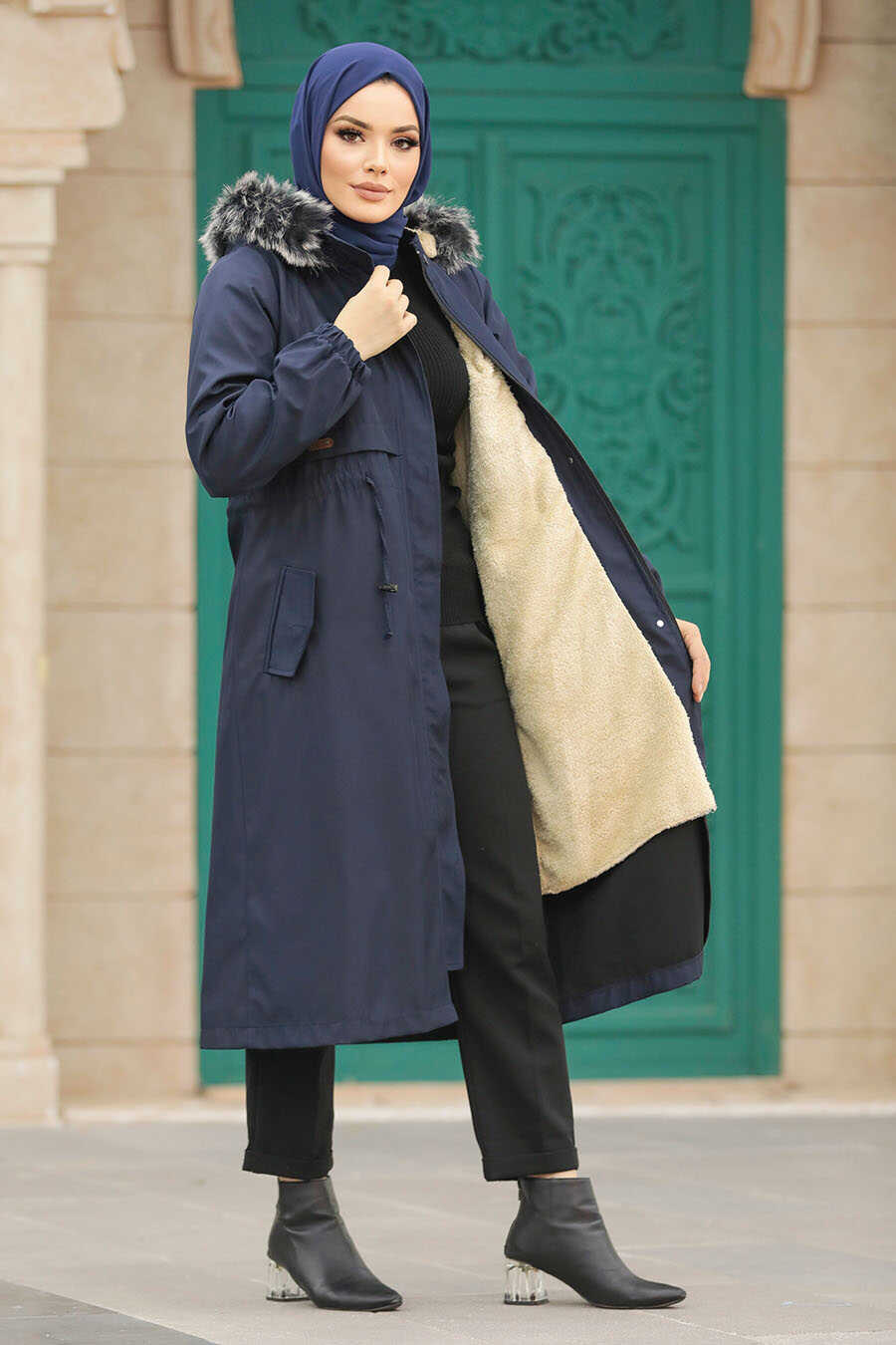 Neva Style - Navy Blue Hijab Parka Coat 60651L