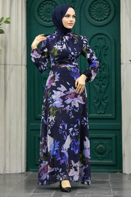  Navy Blue Hijab Turkish Dress 27942L - NEVA STYLE