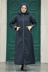  Navy Blue Islamic Clothing Coat 60623L - 3