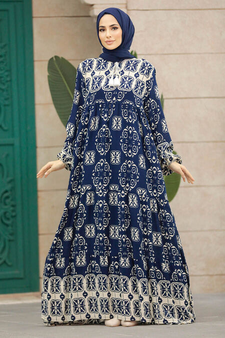  Navy Blue Islamic Clothing Dress 50008L - NEVA STYLE