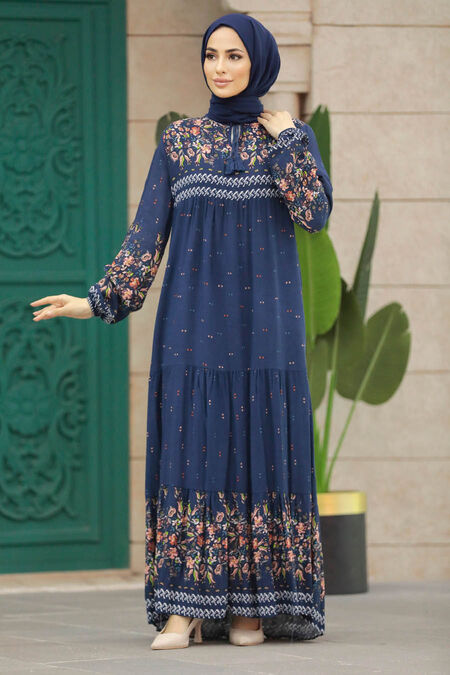  Navy Blue Long Dress for Muslim Ladies 50095L - NEVA STYLE