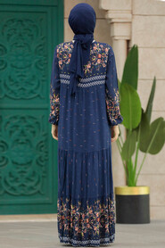 Neva Style - Navy Blue Long Dress for Muslim Ladies 50095L - Thumbnail