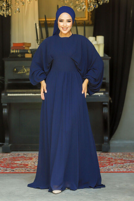  Navy Blue Turkish Hijab Engagement Gown 60681L - NEVA STYLE