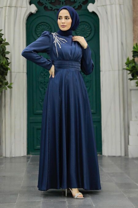  Navy Blue Turkish Hijab Evening Dress 22301L - NEVA STYLE