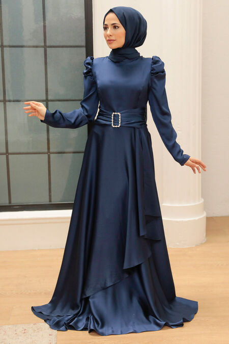 Navy Blue Turkish Hijab Prom Dress 3401L - Neva-style.com