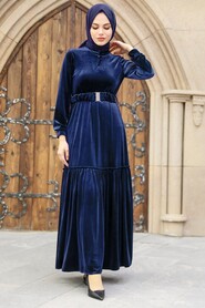  Navy Blue Velvet Hijab Dress 36971L - NEVA STYLE