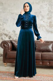  Navy Blue Velvet Hijab Maxi Dress 37091L - NEVA STYLE