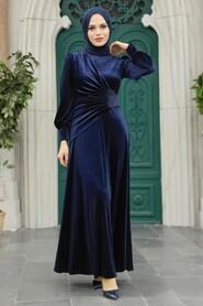  Navy Blue Velvet Long Dress 3845L - 2