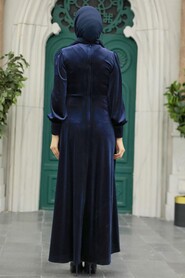  Navy Blue Velvet Long Dress 3845L - 3