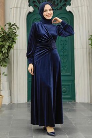  Navy Blue Velvet Long Dress 3845L - 1