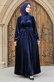  Navy Blue Velvet Long Dress for Muslim Ladies 36921L - NEVA STYLE