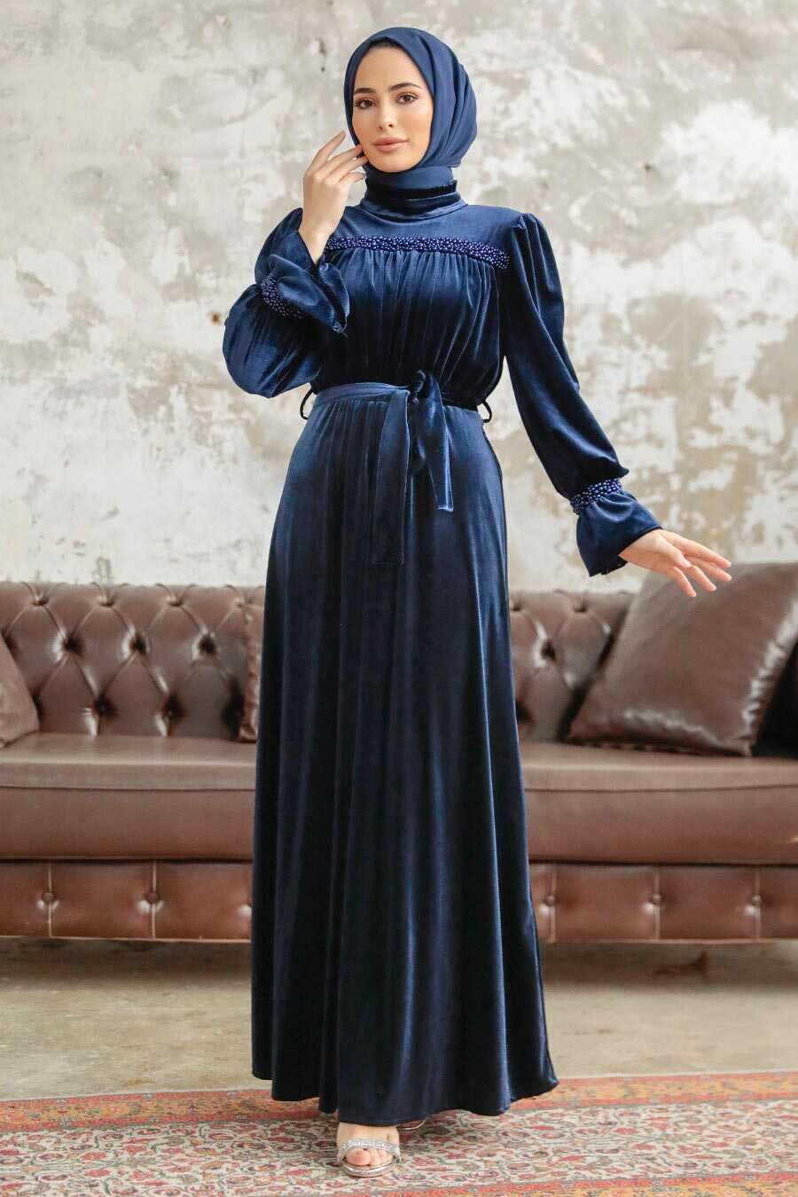 Neva Style - Navy Blue Velvet Long Dress for Muslim Ladies 37291L
