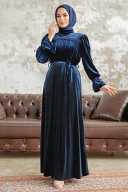 Neva Style - Navy Blue Velvet Long Dress for Muslim Ladies 37291L - Thumbnail