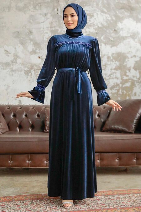 Neva Style - Purple Velvet Long Dress for Muslim Ladies 37291MOR 