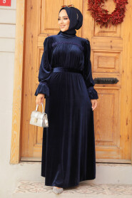 Navy Blue Velvet Long Dress for Muslim Ladies 37291L - 2