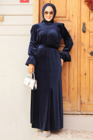 Navy Blue Velvet Long Dress for Muslim Ladies 37291L - 3