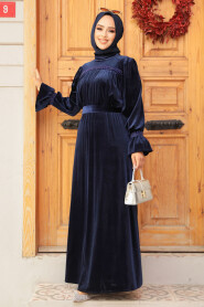 Navy Blue Velvet Long Dress for Muslim Ladies 37291L - 1