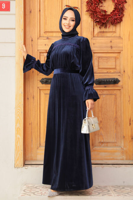 Navy Blue Velvet Long Dress for Muslim Ladies 37291L - NEVA STYLE