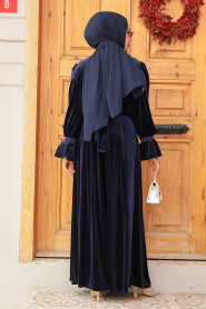 Navy Blue Velvet Long Dress for Muslim Ladies 37291L - 4