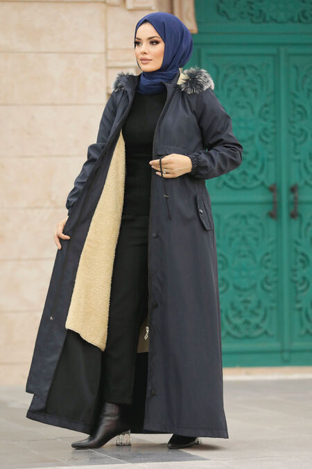  Navy Blue Women Parka Coat 60506L - NEVA STYLE