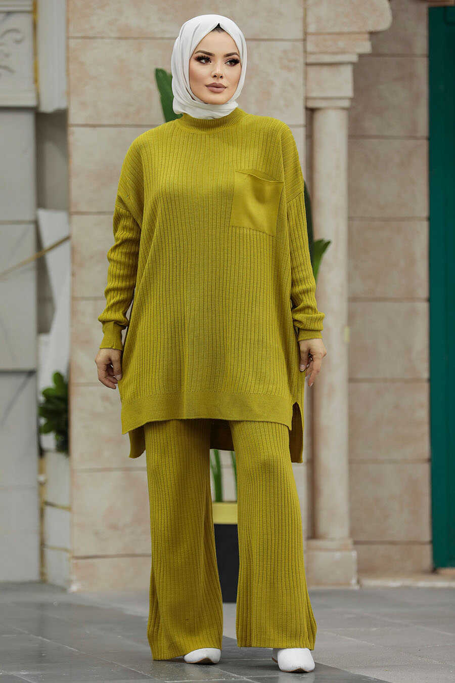 Neva Style - Oil Green Hijab For Women Knitwear Double Suit 34060YY