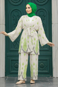  Oil Green Islamic Clothing Dual Suit 3212YY - 3