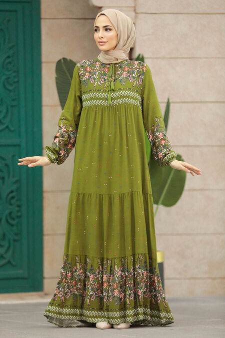  Oil Green Long Dress for Muslim Ladies 50095YY - NEVA STYLE