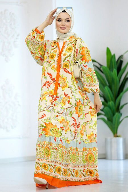  Orange Muslim Long Dress Style 51952T - NEVA STYLE