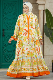  Orange Muslim Long Dress Style 51952T - 5