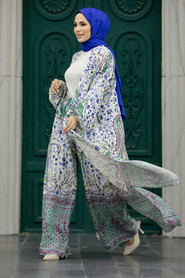  Patterned Almond Green Hijab For Women Dual Suit 50042CY - 1
