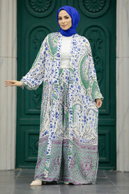  Patterned Almond Green Hijab For Women Dual Suit 50042CY - 2