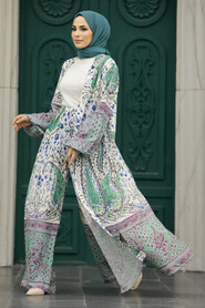  Patterned Almond Green Hijab For Women Dual Suit 50045CY - 1