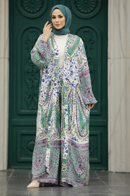  Patterned Almond Green Hijab For Women Dual Suit 50045CY - 2