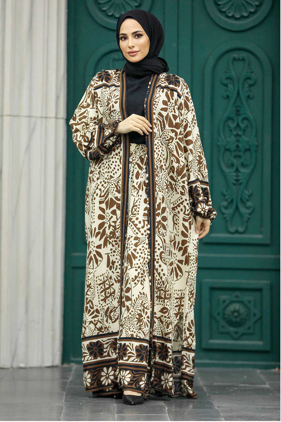 Neva Style - Patterned Brown Hijab For Women Dual Suit 50047KH