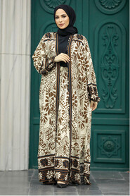 Neva Style - Patterned Brown Hijab For Women Dual Suit 50047KH - Thumbnail