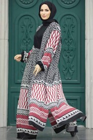  Patterned Claret Red Hijab For Women Dual Suit 50042BR - 1