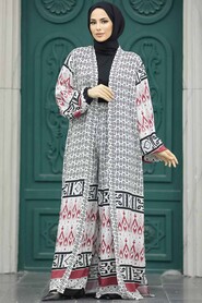  Patterned Ecru Hijab For Women Dual Suit 50042E - 3