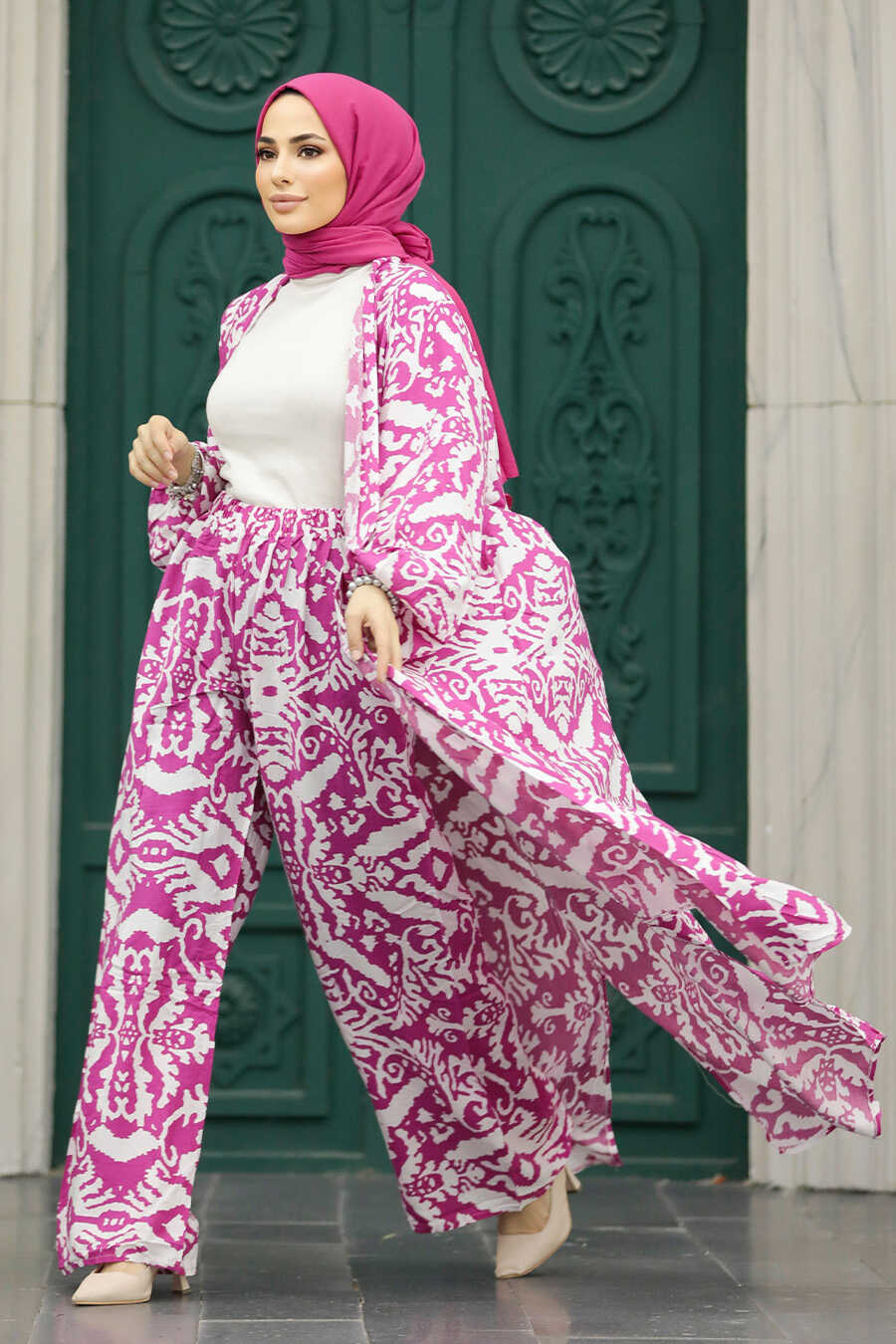 Neva Style - Patterned Fushia Hijab For Women Dual Suit 50044F