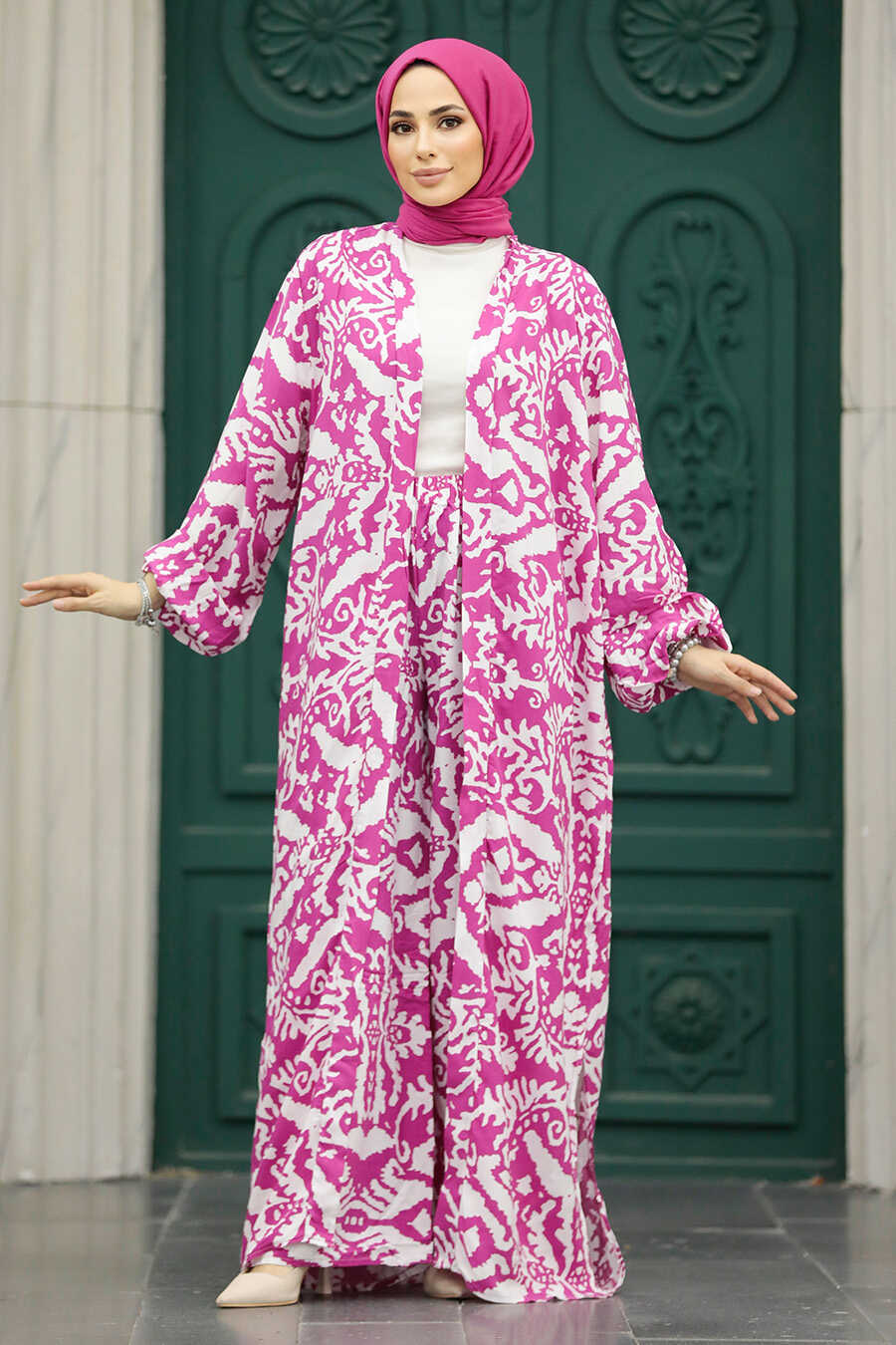 Neva Style - Patterned Fushia Hijab For Women Dual Suit 50044F