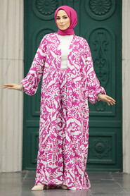 Neva Style - Patterned Fushia Hijab For Women Dual Suit 50044F - Thumbnail