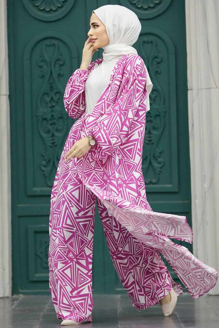  Patterned Fushia Hijab For Women Dual Suit 50048F - NEVA STYLE