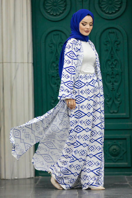  Patterned İndigo Blue Hijab For Women Dual Suit 50042IM - NEVA STYLE