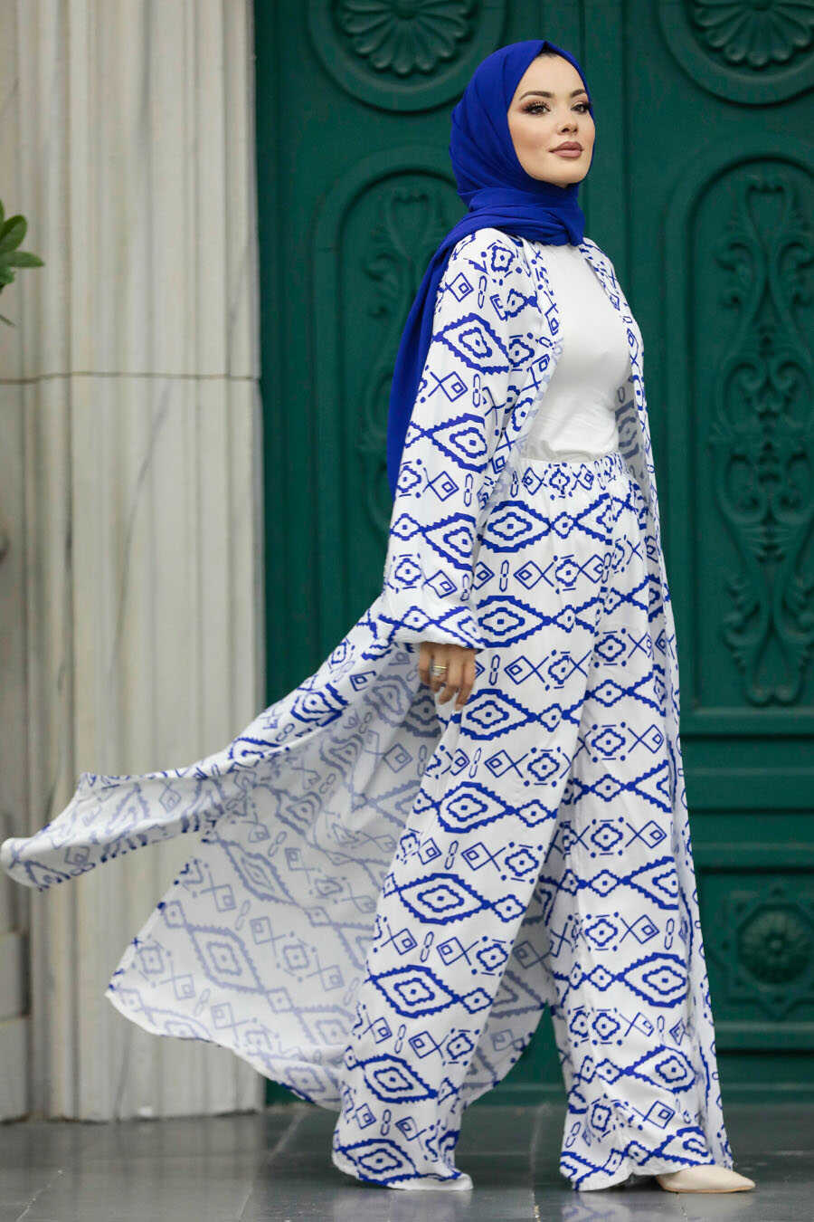 Neva Style - Patterned İndigo Blue Hijab For Women Dual Suit 50042IM