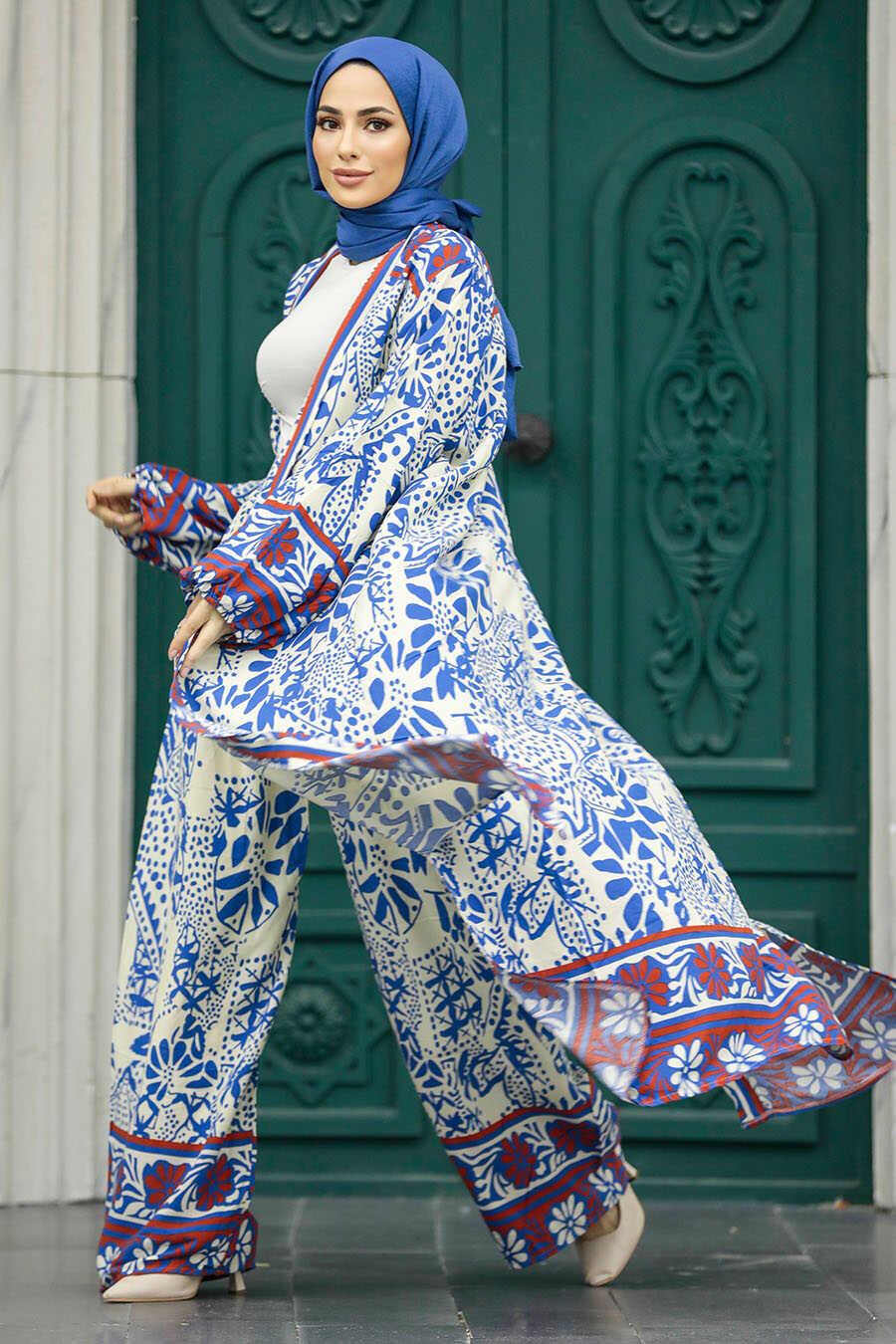 Neva Style - Patterned İndigo Blue Hijab For Women Dual Suit 50047IM