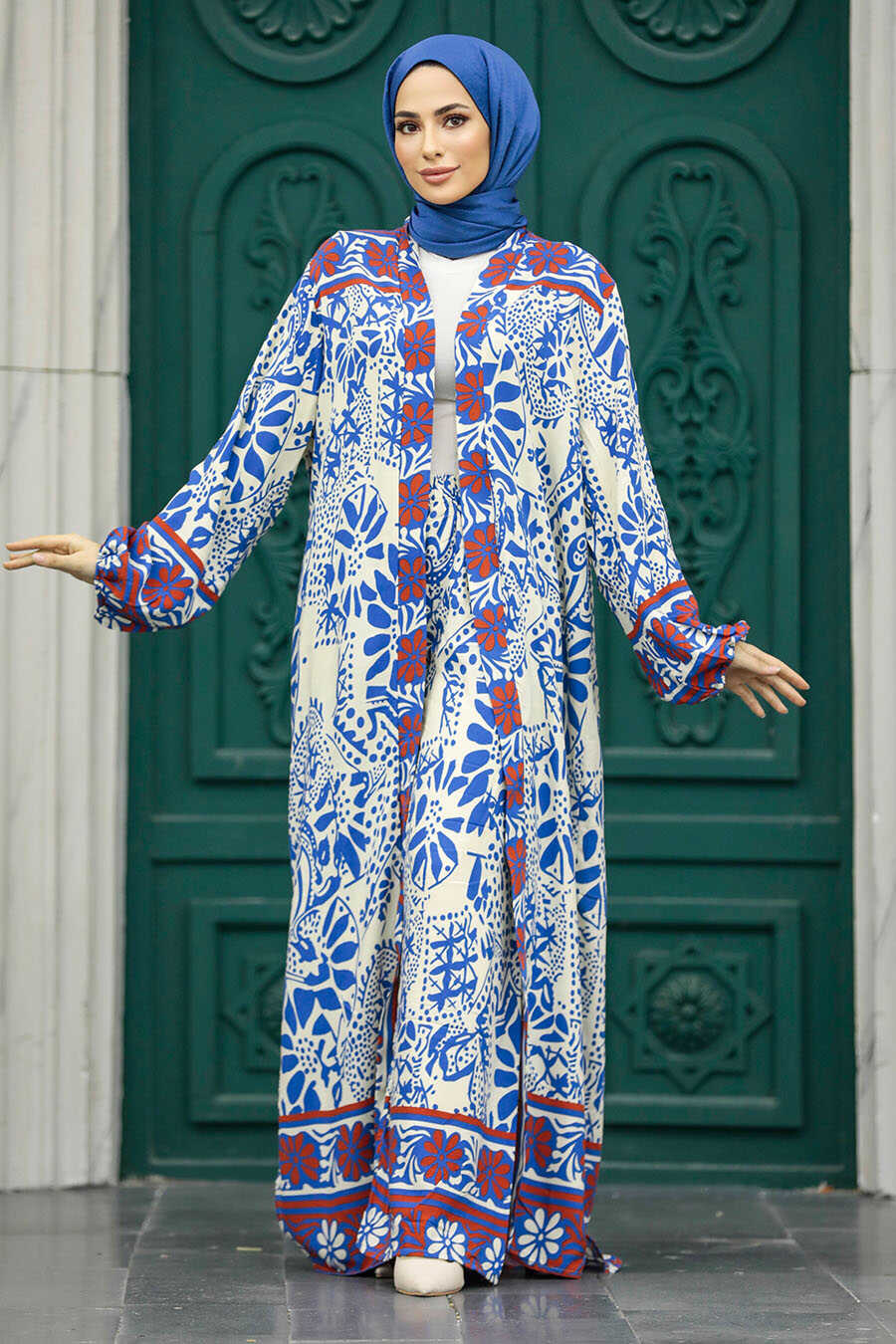 Neva Style - Patterned İndigo Blue Hijab For Women Dual Suit 50047IM